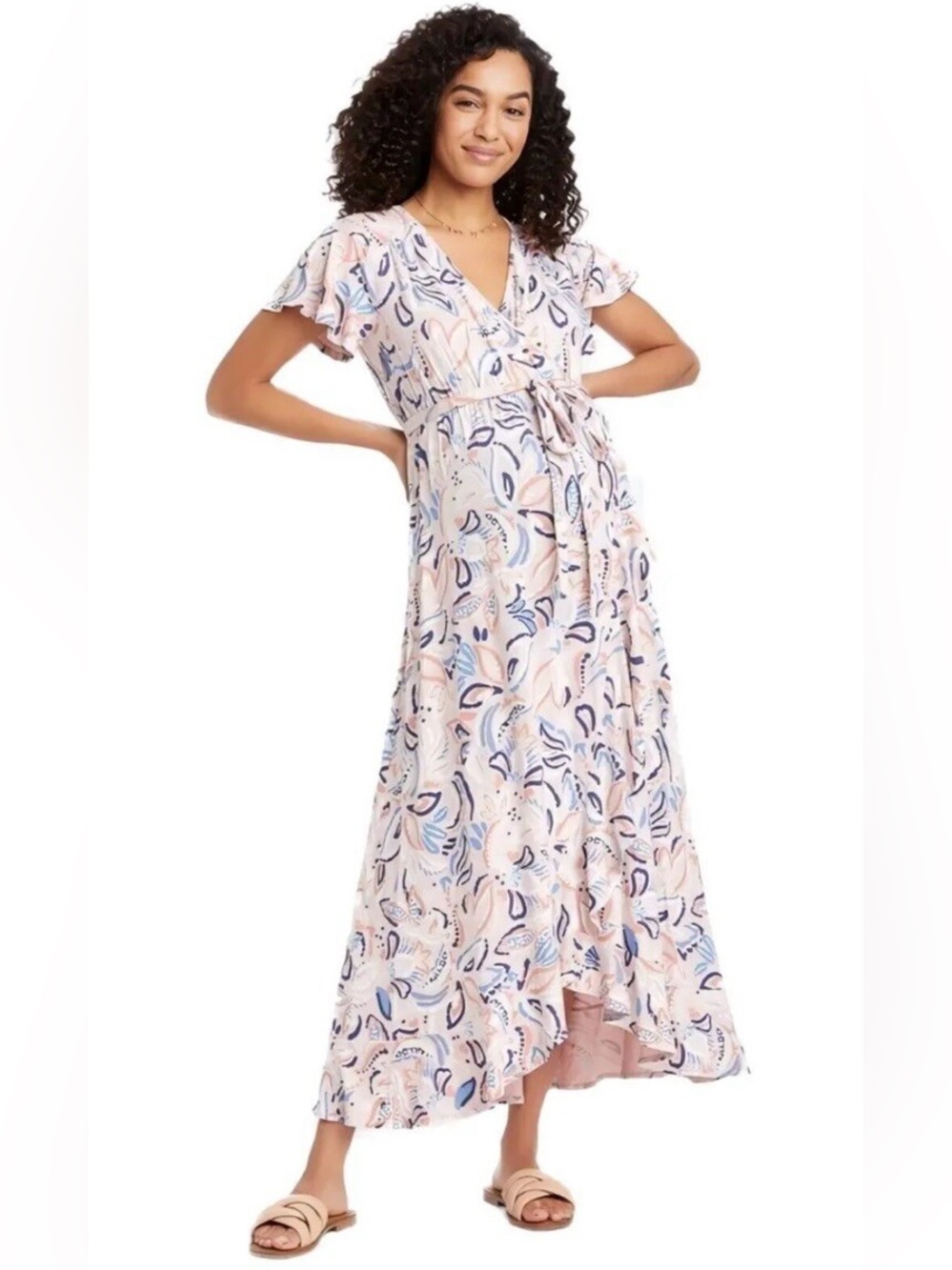 Women’s Pink & Blue Printed Maternity Maxi Dress with Tie Waist
